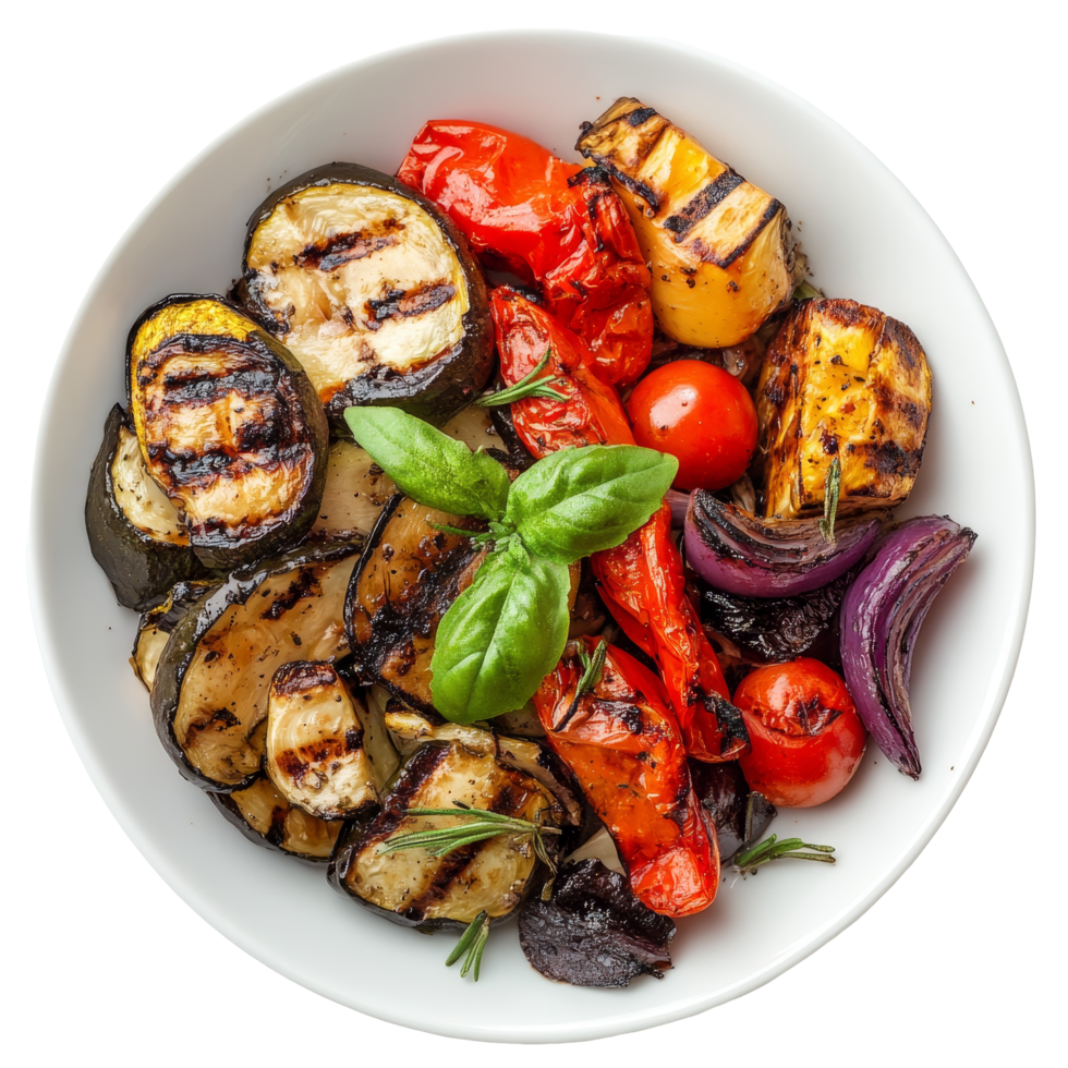 Delicious assortment of grilled vegetables including bell peppers, eggplant, and cherry tomatoes on a transparent plate, Isolated portion of grilled vegetables png