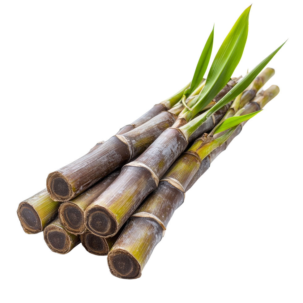 Fresh sugarcane stalks arranged beautifully on a pristine transparent background showcasing natural details and vibrant color, sugarcane on transparent background png