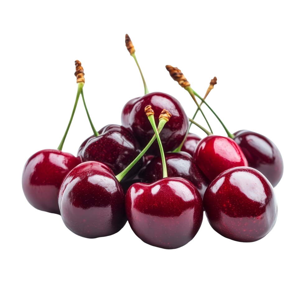 Fresh cherries gathered together on a transparent background highlighting their vibrant color and shiny texture, Multiple cherries isolated transparent background png