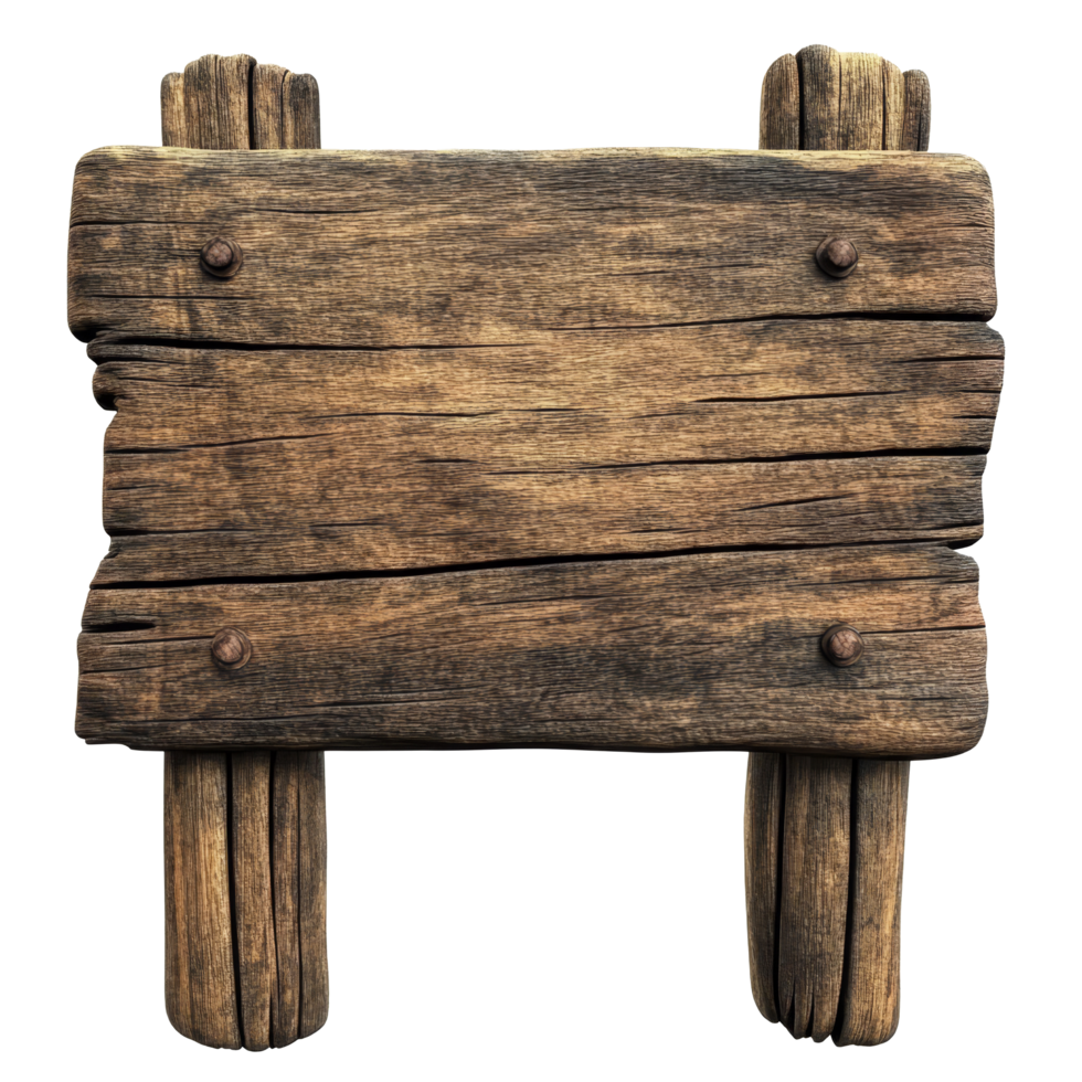 Rustic wooden sign with weathered texture resting on a transparent background, perfect for decoration or signage projects, old wooden sign isolated on transparent background png