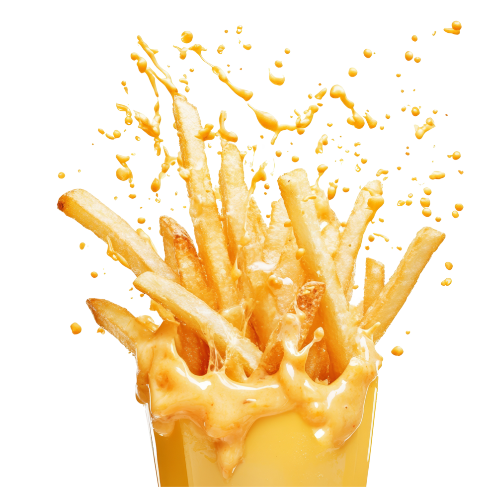 Crispy French fries splashing into a cheesy sauce creating a delicious mess in a bright setting, French fries splashing isolated png