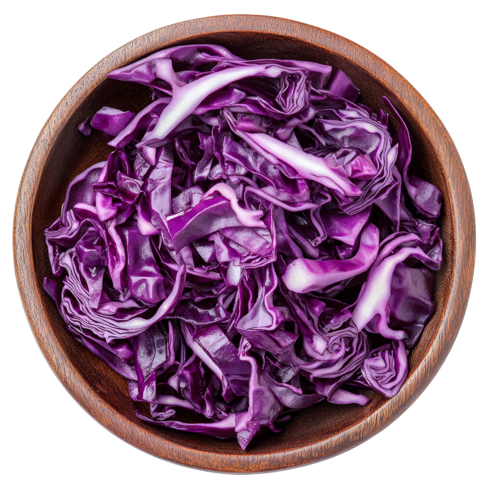 Freshly sliced red cabbage resting in a wooden bowl on a transparent background ready for healthy meals and salads, sliced of red cabbage in plate on transparent background png