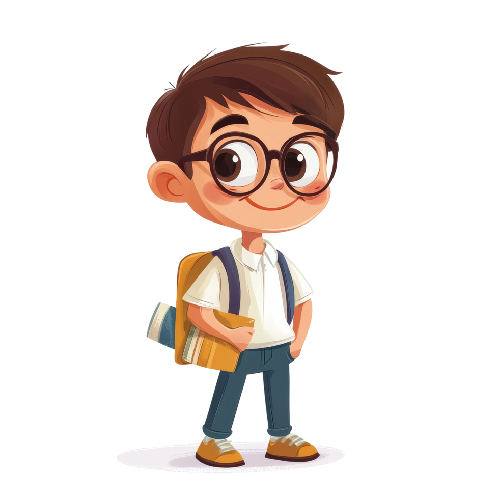 A cheerful cartoon student character standing with books and a backpack against a transparent background ready for school, Cartoon Student Kids Character transparent background png