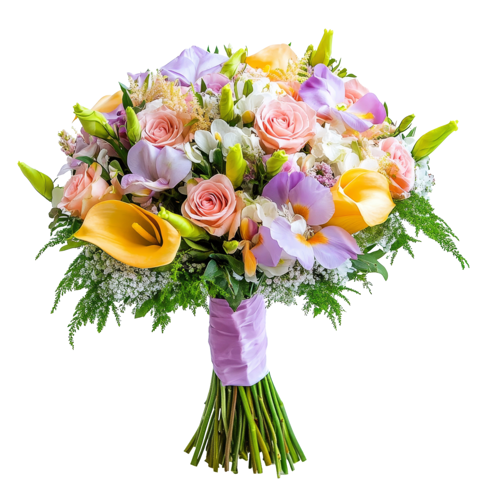 Bridal bouquet featuring complement color flowers in transparent hues for a spring wedding, bridal bouquet consists from complement color flower, isolated transparent background png