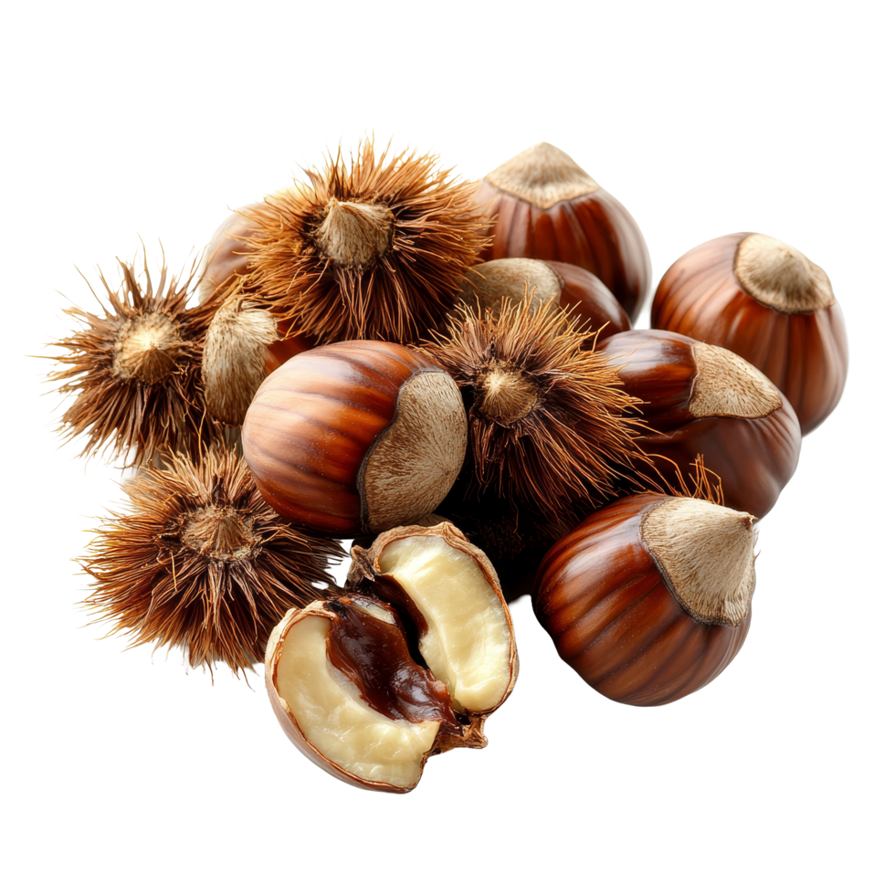 Fresh organic chestnuts on a clean transparent background showcasing their rich brown color and natural texture, Organic chestnuts on a transparent background png
