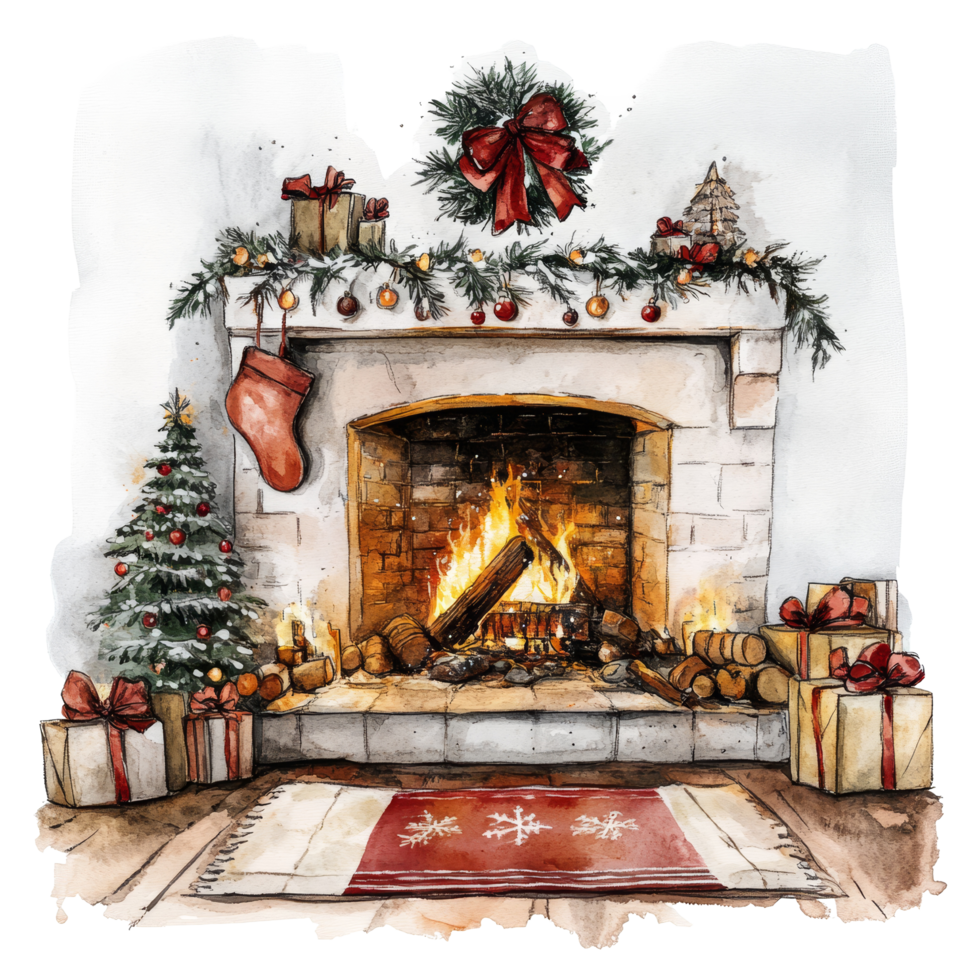 A cozy minimalist Christmas fireplace with decorations, gifts, Cozy Christmas Fireplace and Hearth Minimalistic Watercolor Illustration on transparent background png