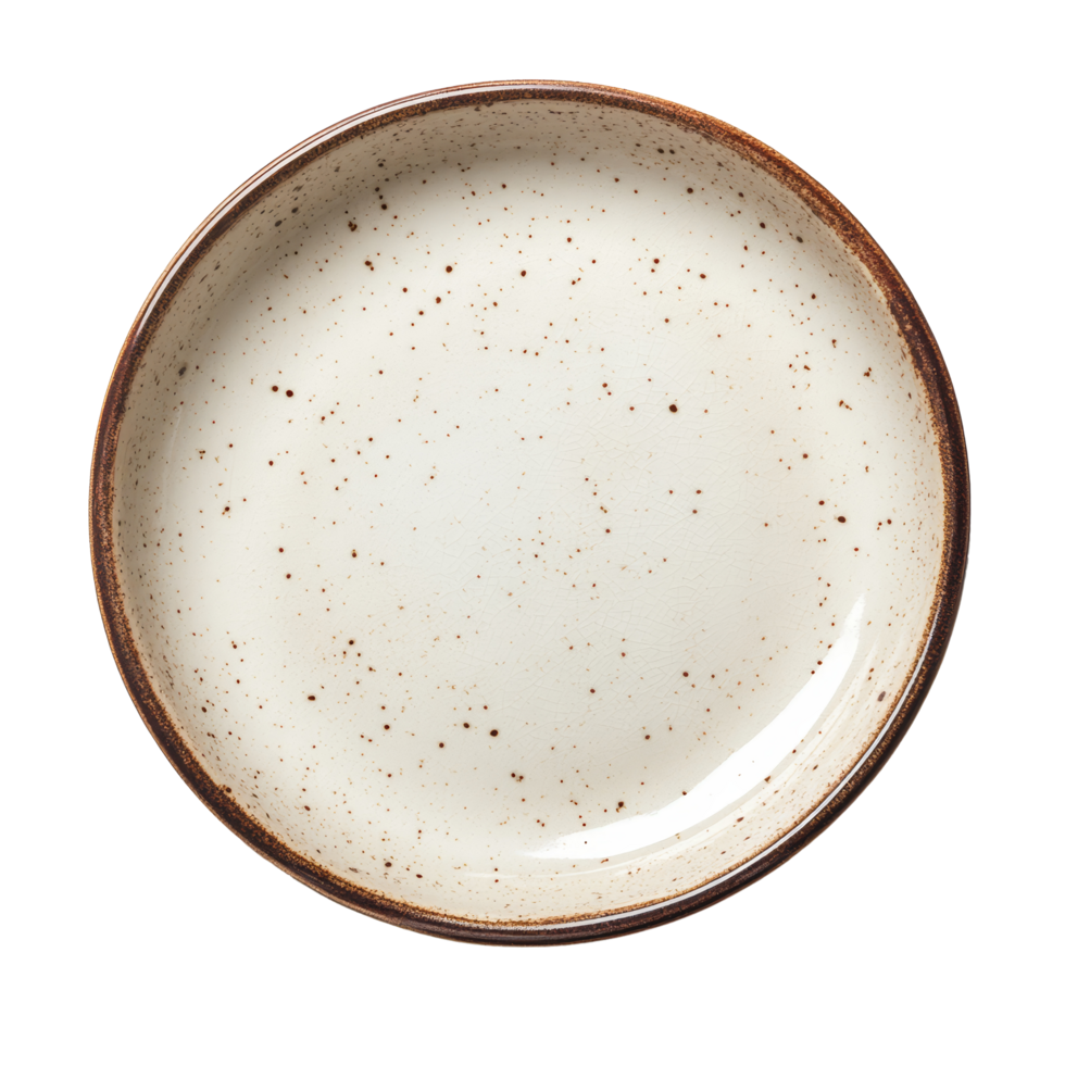 A top view of a plain ceramic plate sits alone against a pristine transparent background, top view empty ceramic plate isolated on transparent backgroundfile png