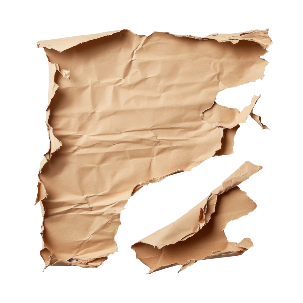 Torn pieces of corrugated paper placed on a smooth transparent surface creating an artistic arrangement, A sheet of corrugated paper is torn into pieces on transparent backgroundfile png