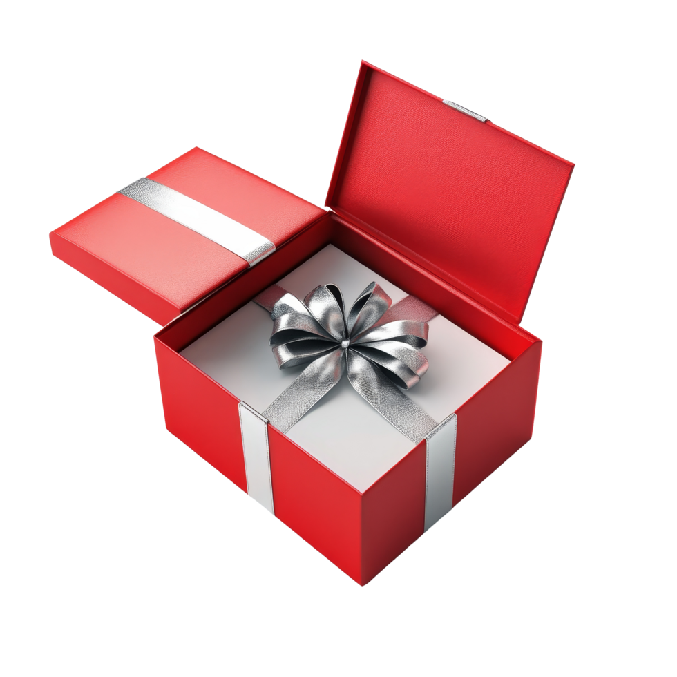 A beautifully wrapped red gift box with a silver ribbon opened to reveal a surprise inside, Red open gift box with silver ribbon png