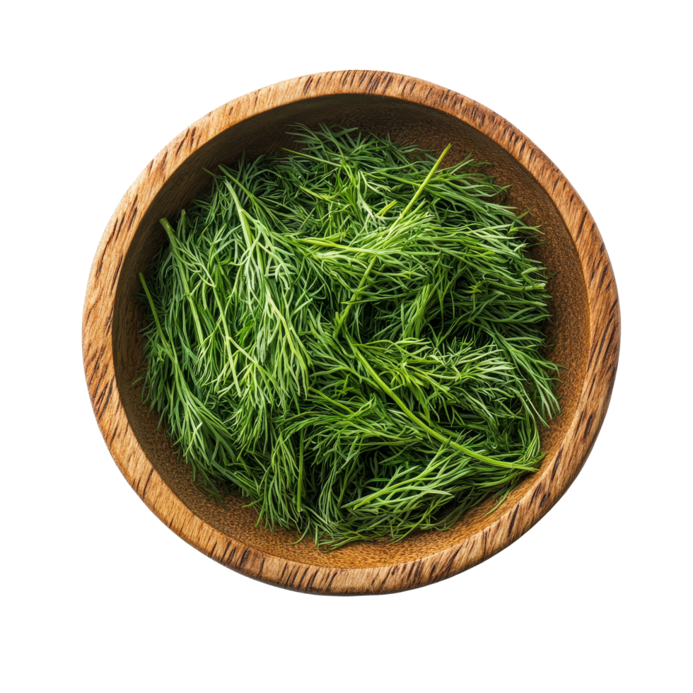 Fresh dill herbs in a wooden bowl displayed against a clean transparent background for culinary use, Fresh dill in wood bowl isolated on transparent background png