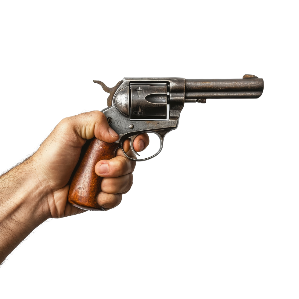 A hand grips a vintage revolver firmly against a plain transparent background, Hand Holding Revolver on transparent background png