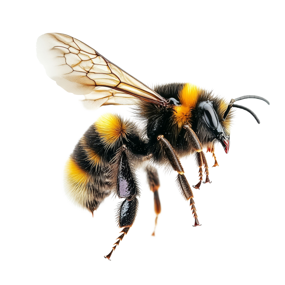 A beautiful bumblebee in midflight captured in stunning macro detail against a clean transparent backdrop, a stunning bumblebee is flying, macro shotisolated transparent background png