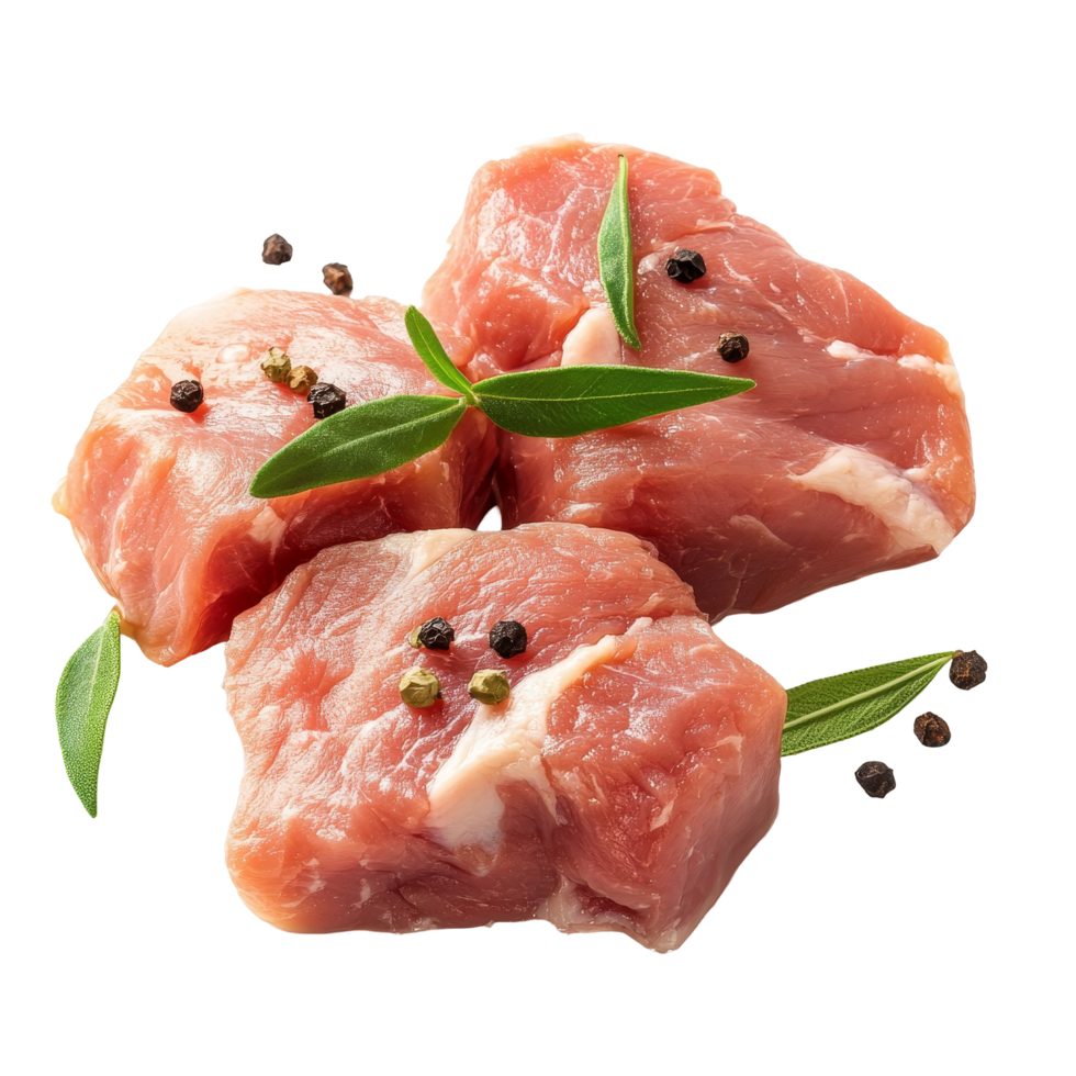Raw pork pieces with fresh herbs and black pepper on a clean transparent background for culinary uses, Raw pork isolated on transparent background png