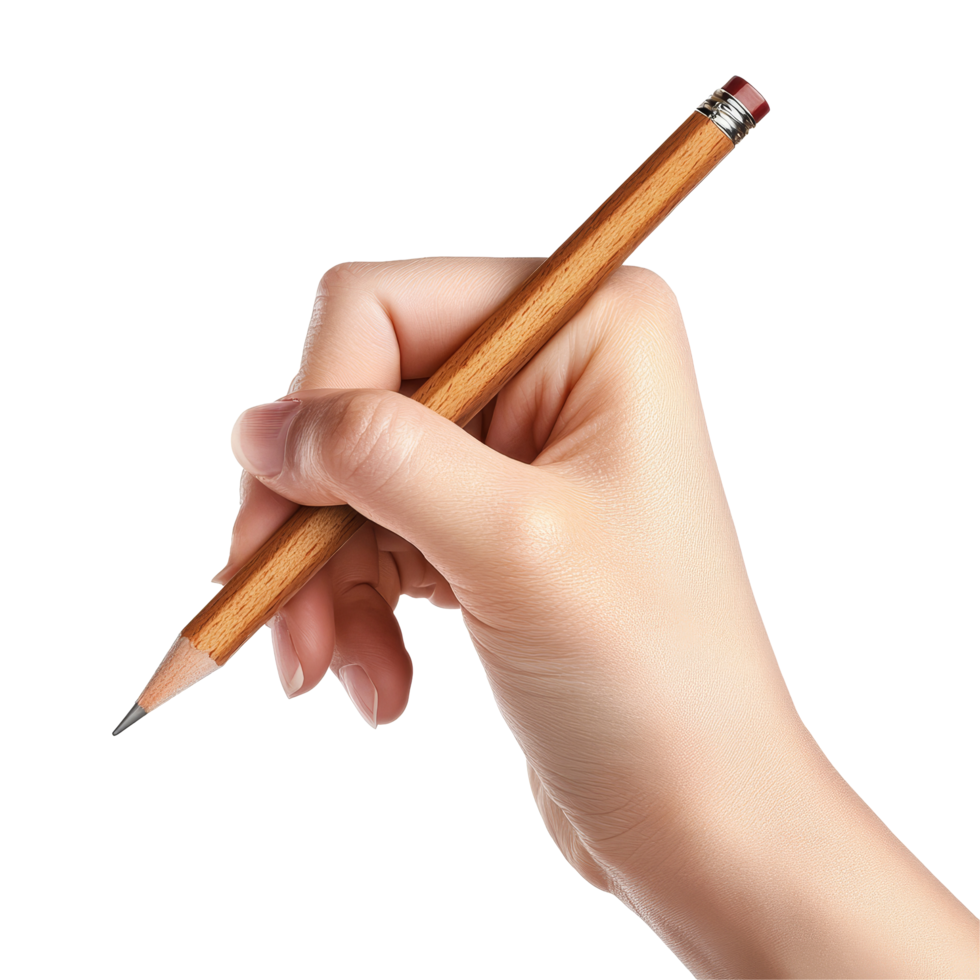 A hand skillfully holds a wooden pencil poised for drawing or writing on a clean transparent surface in bright light, Hand holding pencil, drawing, sketching, writing POV, isolated on transparent png