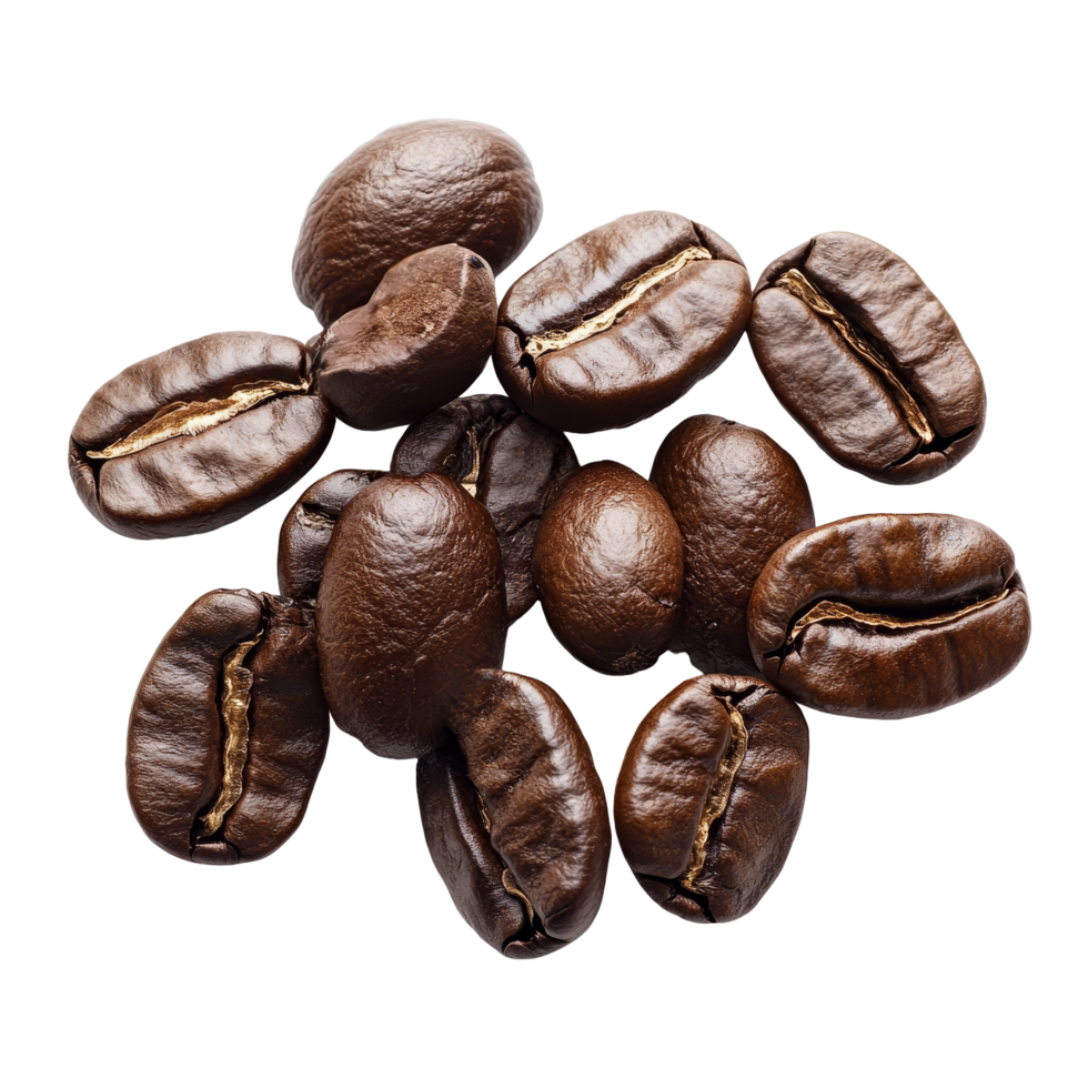 A closeup view of dark roasted coffee beans isolated on a clean transparent background, showcasing their rich texture and color, coffee beans. isolated on a transparent background png