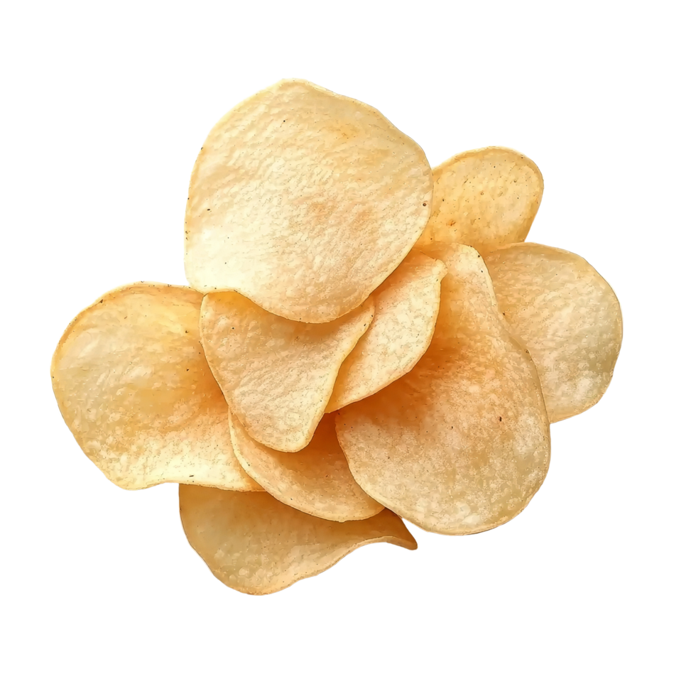 Crispy potato chips arranged neatly on a clean transparent background, perfect for snacking or culinary presentations, Potato chips isolated on transparent background png