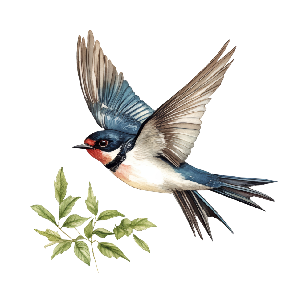 Colorful swallow bird illustration with leaves on a clean transparent background showcasing detailed botanical features, Swallow Bird Botanical Illustration on transparent background png