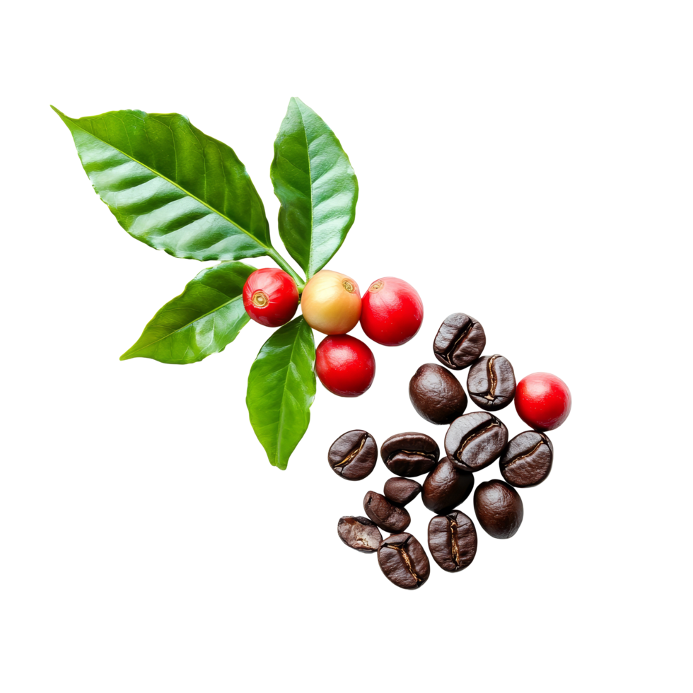 Ripe and unripe coffee berries alongside roasted coffee beans on a bright surface, coffee beans ripe and unripe berries isolated on transparent background png