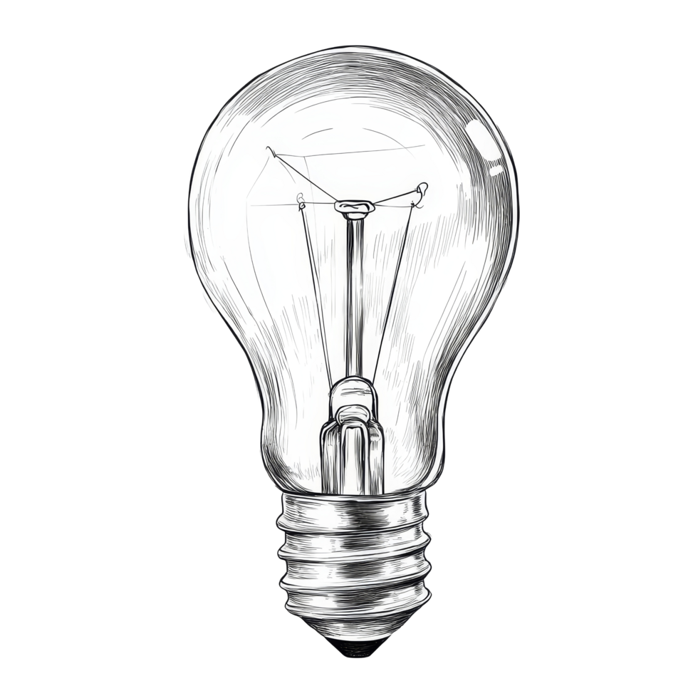 Glowing light bulb in handdrawn style against a light background showcasing a classic design, glowing light bulb in hand drawn style isolated on transparent background png