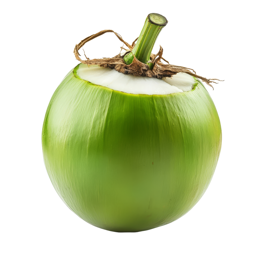 Fresh green coconut isolated on a bright transparent background showcasing its natural form and texture, Green coconut isolated on transparent background png