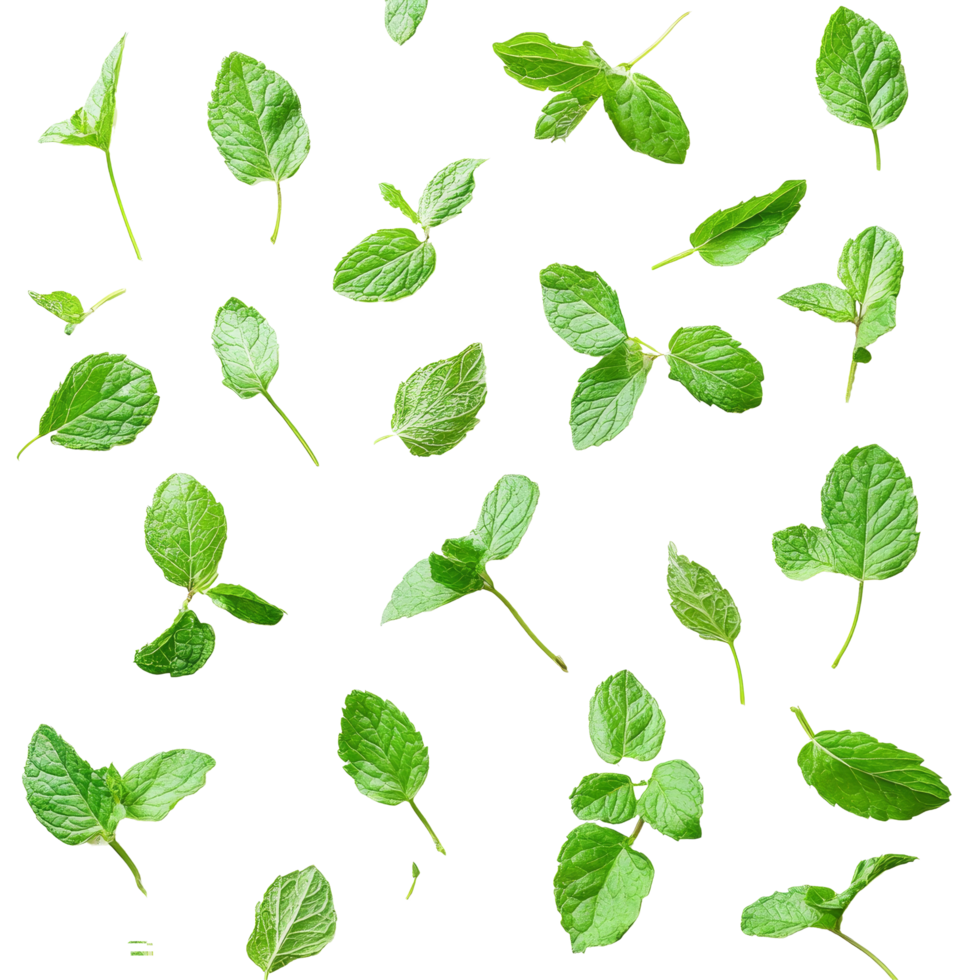 Fresh mint leaves scattered on a clean transparent background for culinary use and decoration, Mint leaves transparent background png
