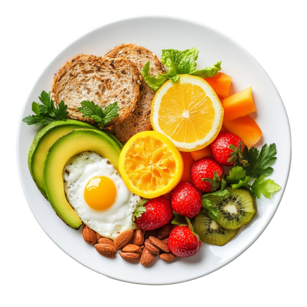 Healthy breakfast bowl featuring fruits, vegetables, nuts, and whole grains on a transparent background, Healthy Meal Isolated on transparent background png