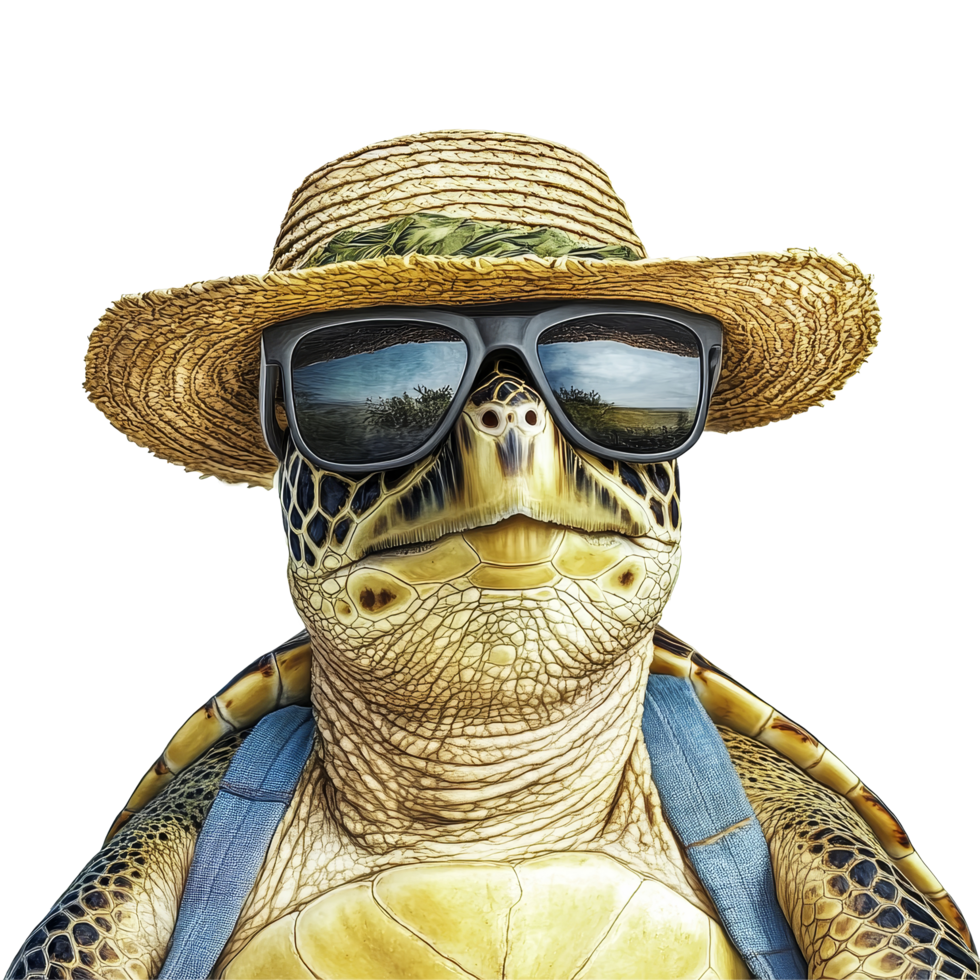 A cheerful turtle wearing a straw hat and sunglasses enjoying a sunny summer day at the beach, Summer Vibe Turtle with Hat and Sunglasses on transparent background png