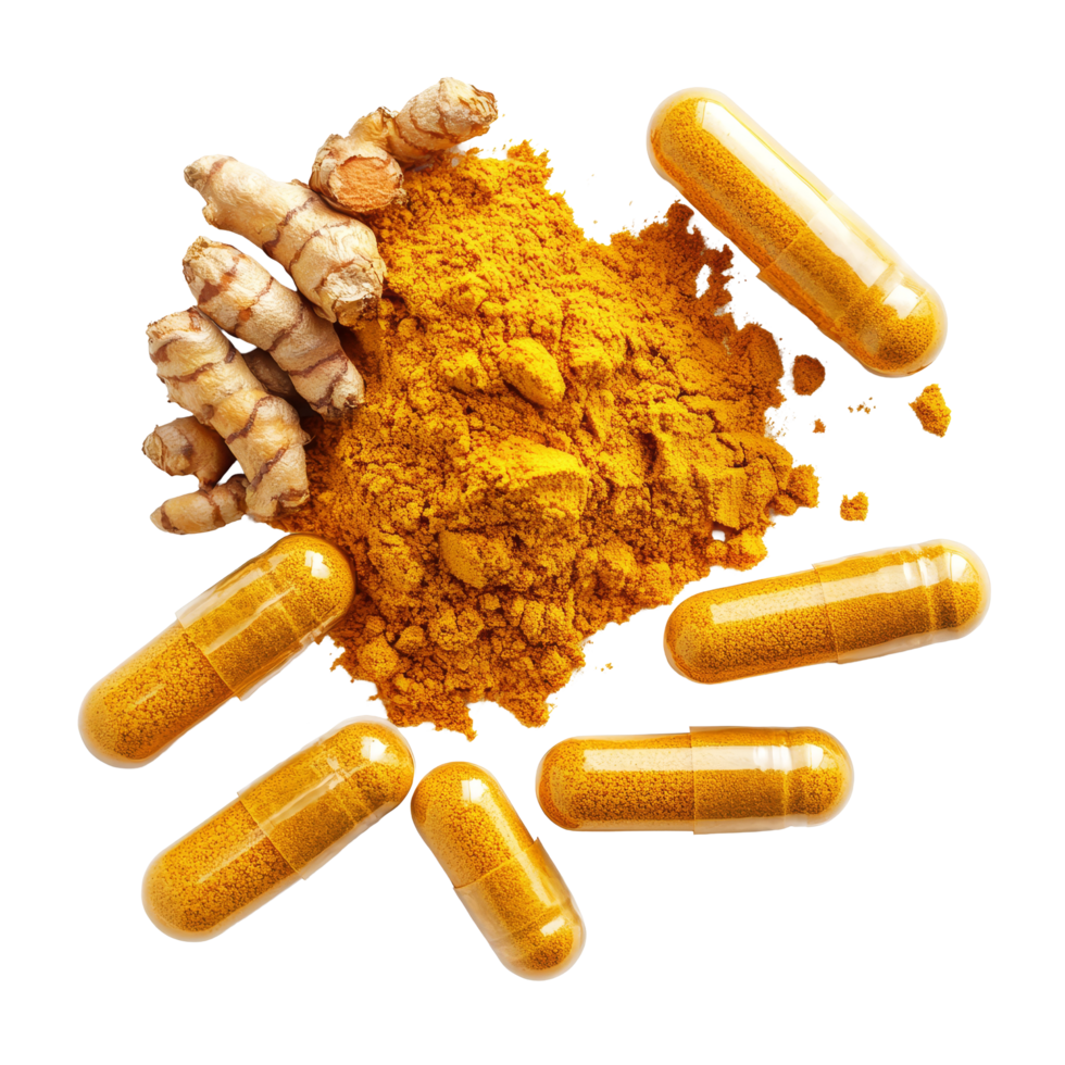Turmeric powder and capsules arranged on a transparent background for health and wellness benefits, Turmeric powder and turmeric capsules on transparent background png