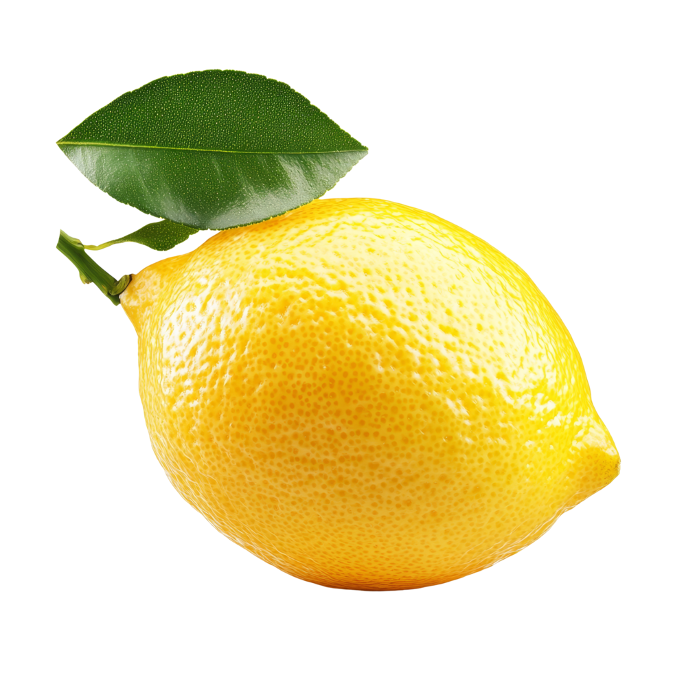 Fresh lemon with vibrant green leaf isolated against a clean transparent background for culinary and decorative use, Lemon with leaf isolated on transparent background png
