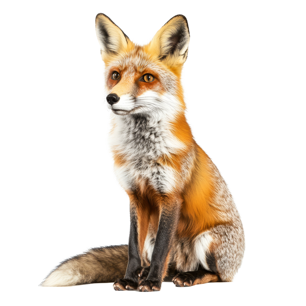 A majestic fox sitting gracefully against a transparent background, showcasing its vibrant fur and keen expression, Fox isolated transparent background png