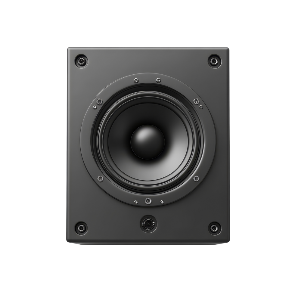Modern black audio loudspeaker in a minimalistic setting on a transparent background, black audio loudspeaker isolated on transparent background png