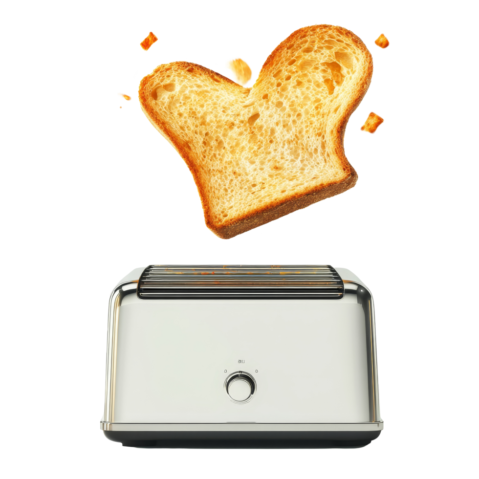 Vintage toaster with freshly roasted toast bread popping up in a bright kitchen during breakfast time, Roasted toast bread popping up of vintage toaster on a transparent backgroun. png