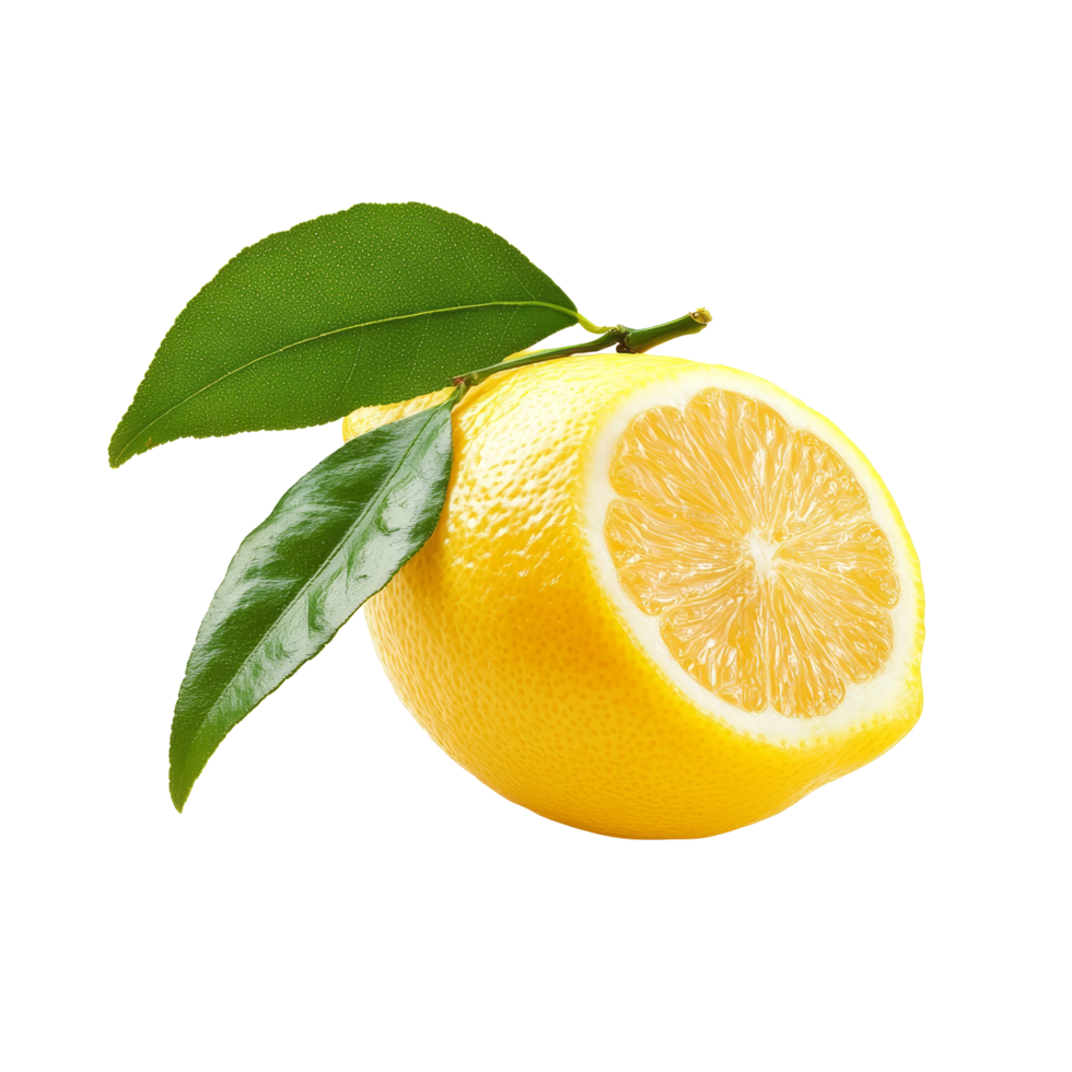 Fresh lemon isolated on a clean transparent background showcasing vibrant color and texture with green leaves, lemon isolated in transparent background format png