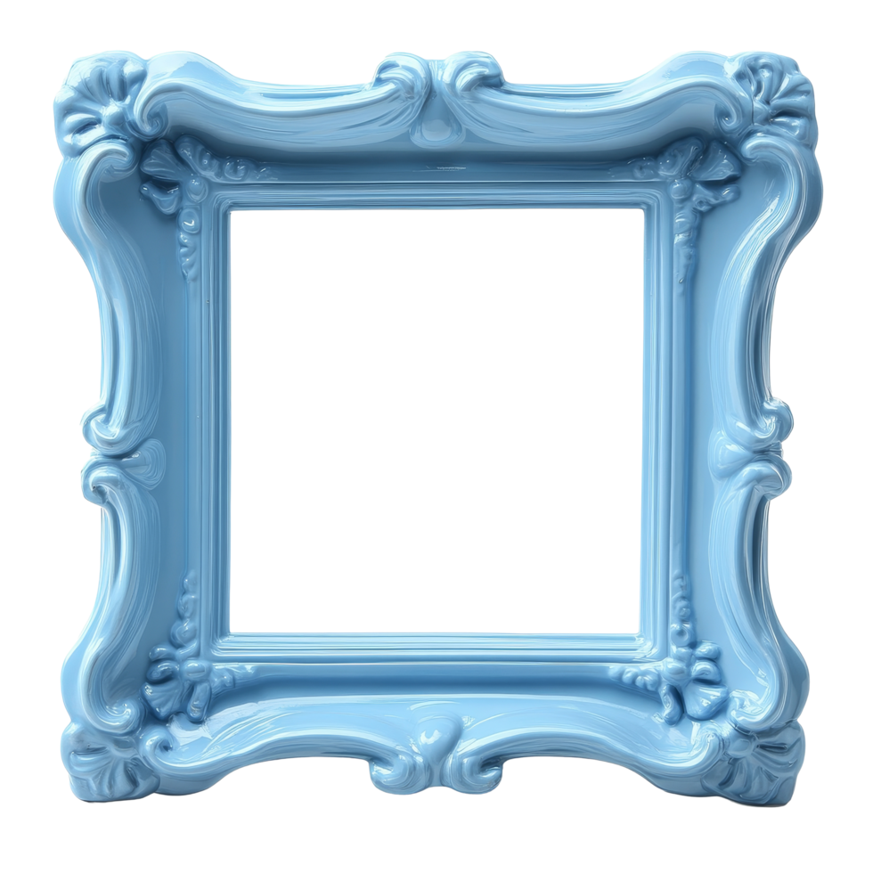 A small blue ornate picture frame with a stand perfect for displaying cherished memories at home, Small blue blank picture photo frame with stand. Realistic horizontal picture frame png