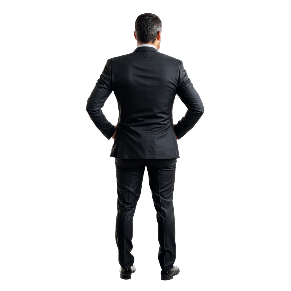 A corporate businessman in a formal suit stands with arms crossed, facing away in a minimalist setting during daytime, Corporate businessman standing back view file no background png
