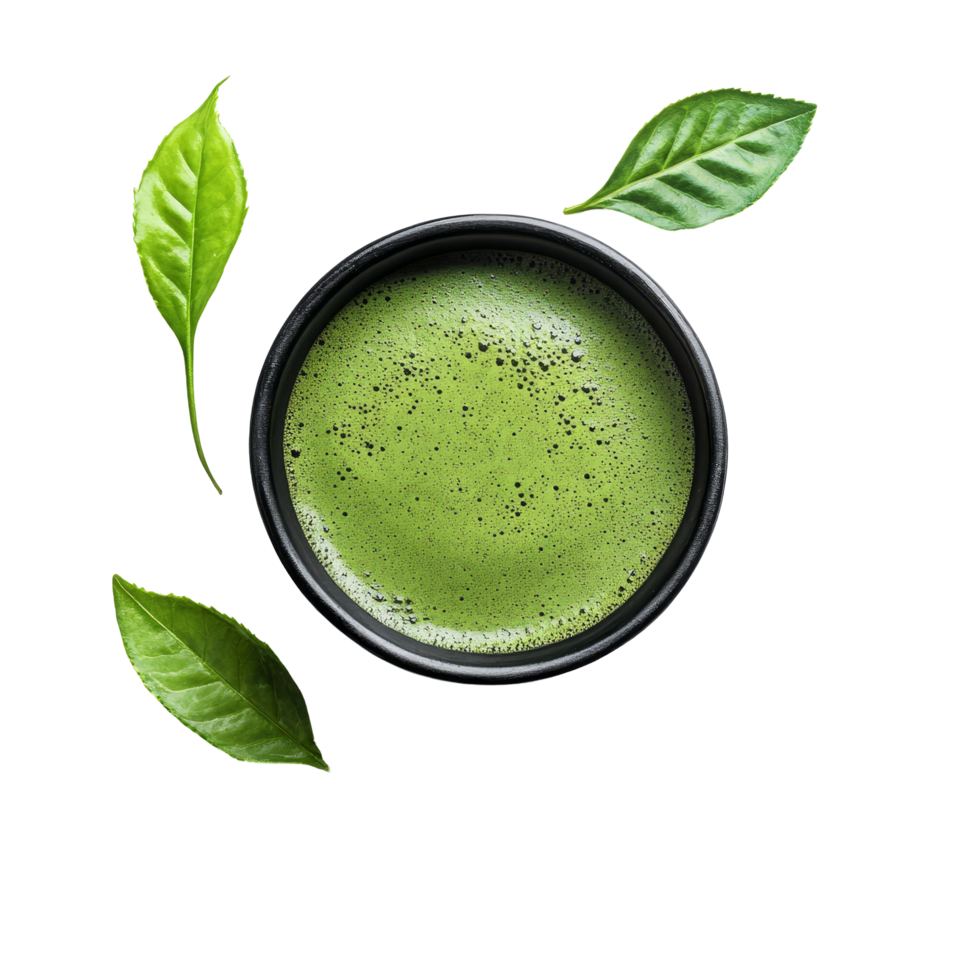 Enjoying fresh instant matcha green tea in a black bowl with green tea leaves on a clean surface, instant matcha green tea in black bowl and leaf on transparent background png