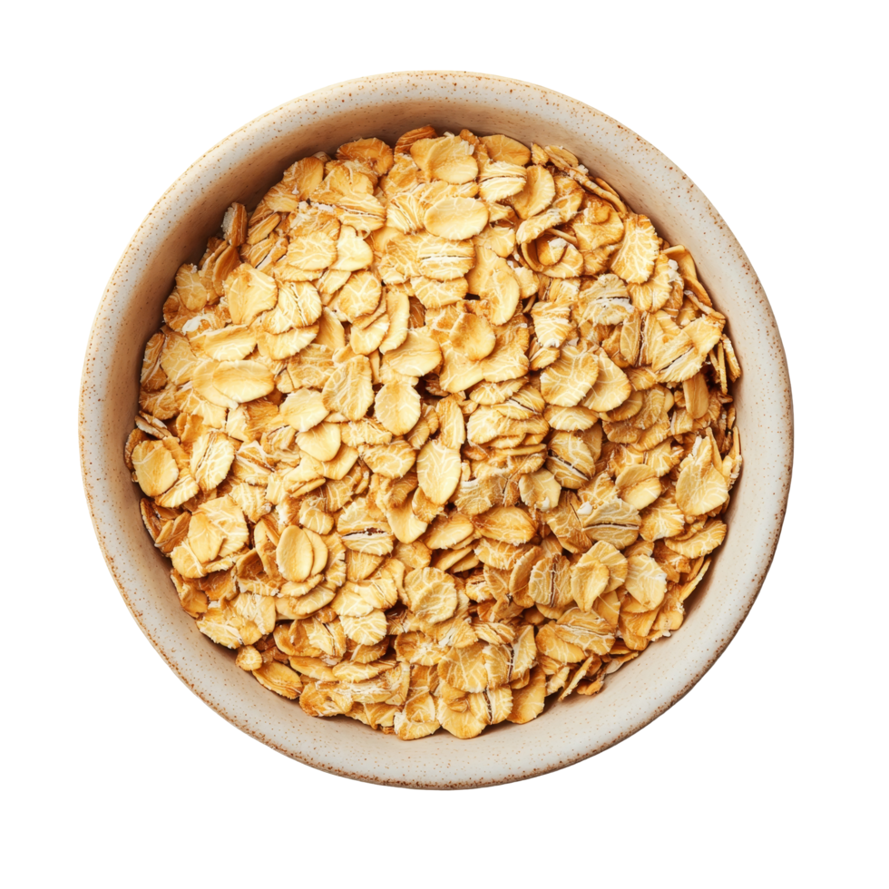 Oat flakes in a rustic bowl on a bright transparent background for healthy breakfast inspiration, Oat flakes in a bowl on transparent background png