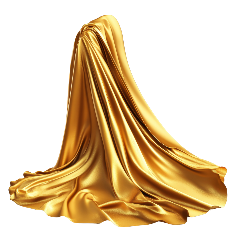 Elegant golden fabric draping gracefully on a transparent background showcases luxurious texture and shine, Golden Fabric Draping On transparent background png