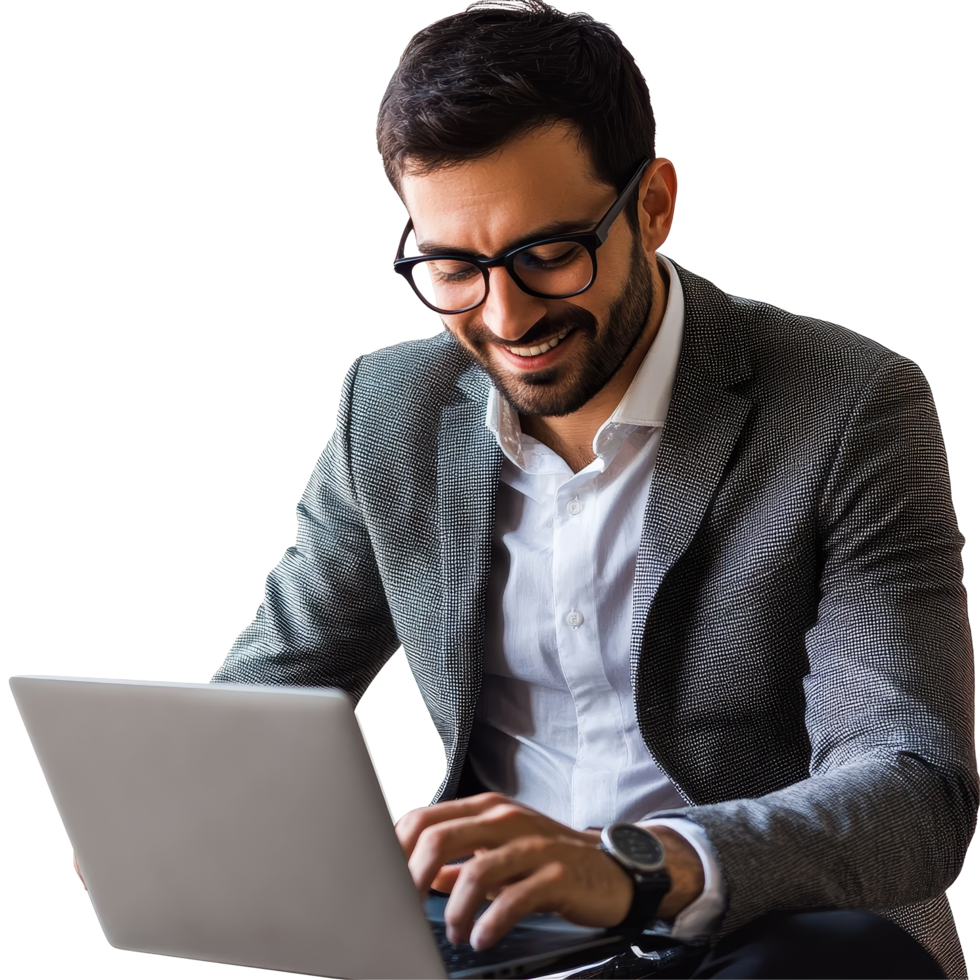 Businessman engaged in online communication while working on a laptop in a professional setting, file no background Businessman connecting with his laptop png