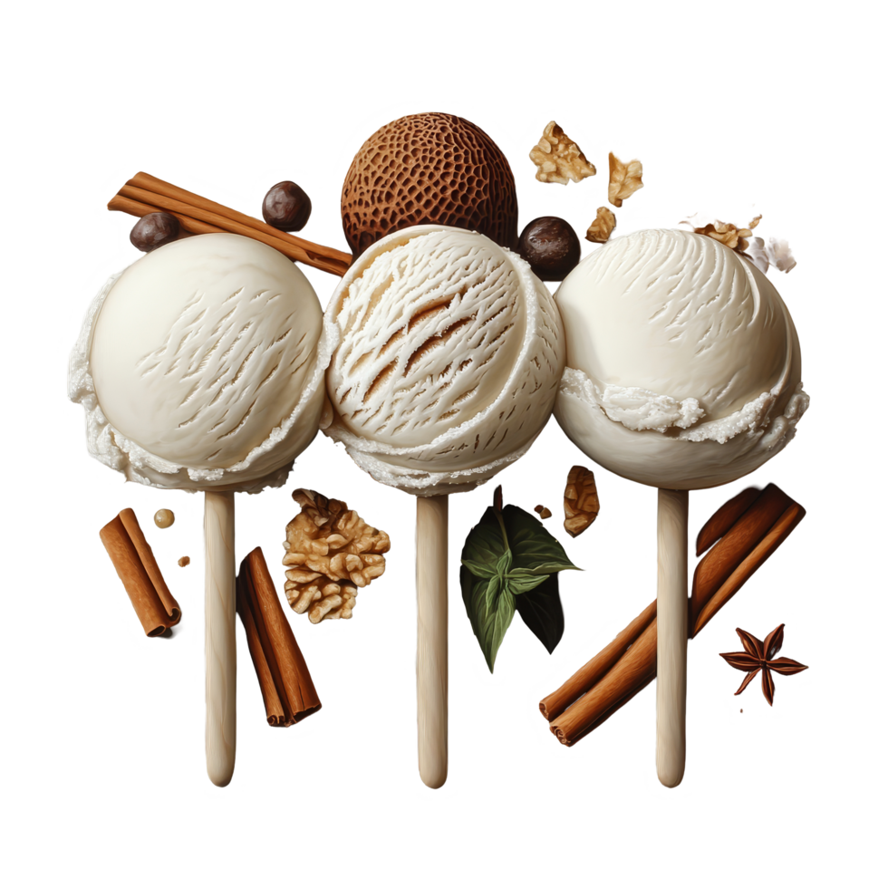 Three delightful ice cream scoops served with a variety of fresh ingredients on a wooden table, Three scoops of ice cream with ingredients png