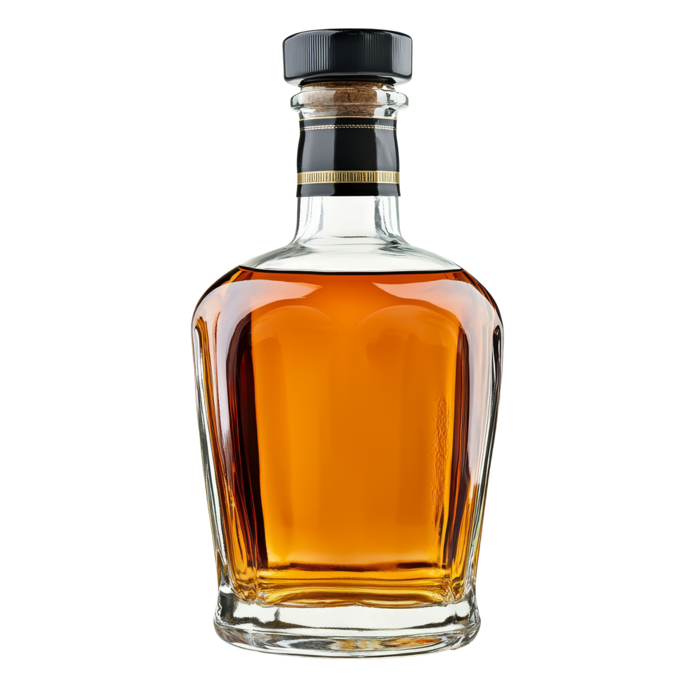 Isolated whiskey bottle on a clean transparent background showcasing rich amber color and elegant design, whiskey bottle isolated on transparent background png