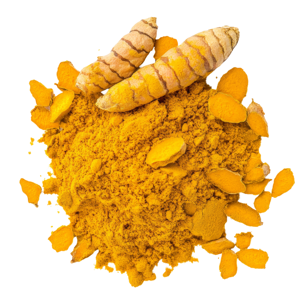 Dry turmeric powder curcuma longa linn isolated on a transparent background with fresh roots and slices, Dry turmeric powder curcuma longa linn isolated on transparent background png