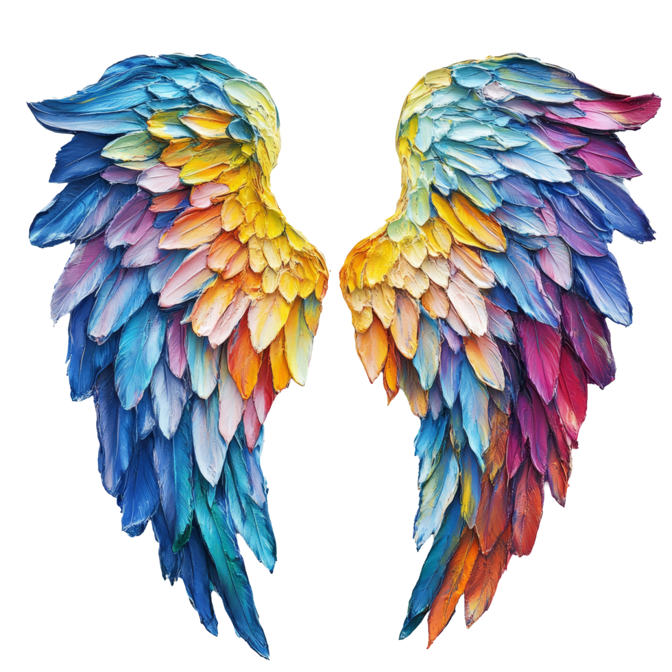 Colorful angel wings crafted from vibrant feathers displayed against a transparent background, showcasing intricate details and a striking design, Colorful Angel Wings on transparent background png