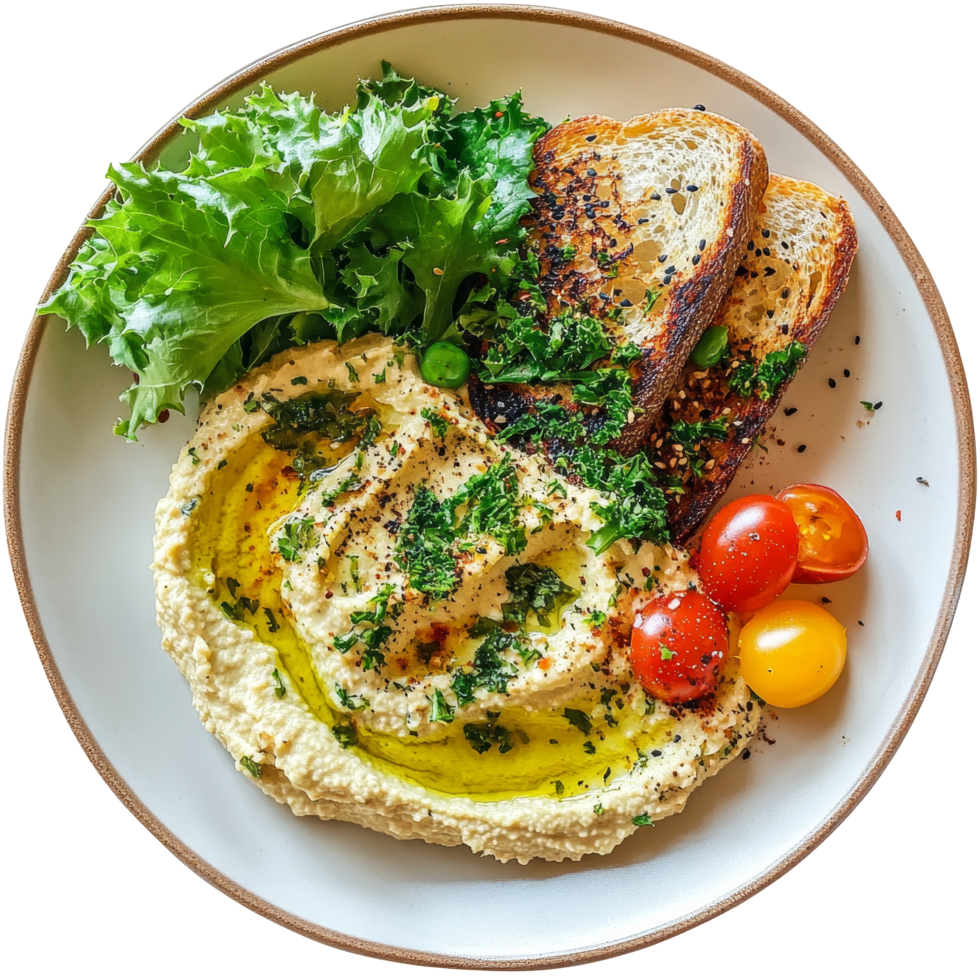 Delicious serving of hummus topped with greens and artisan toast, perfect for a healthy lunch or snack, portion of hummus with greens and toasts png