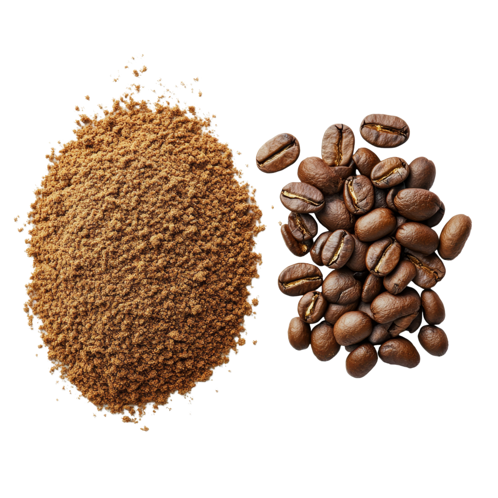 Coffee grains and instant coffee displayed on a transparent background, highlighting their textures and colors, coffee grains and instant coffee on transparent background png