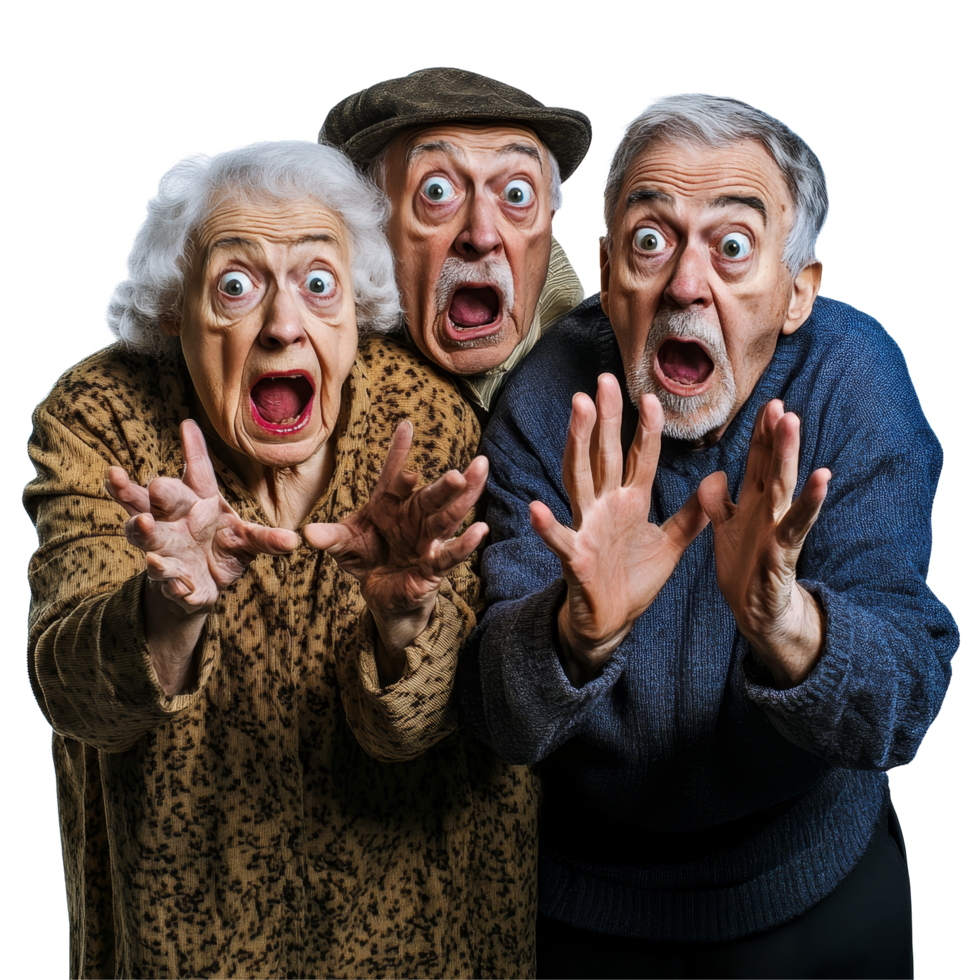 A group of surprised elderly individuals expressing fear and astonishment in a bright, isolated setting, group of scared surprised old people, file of isolated object on transparent background png