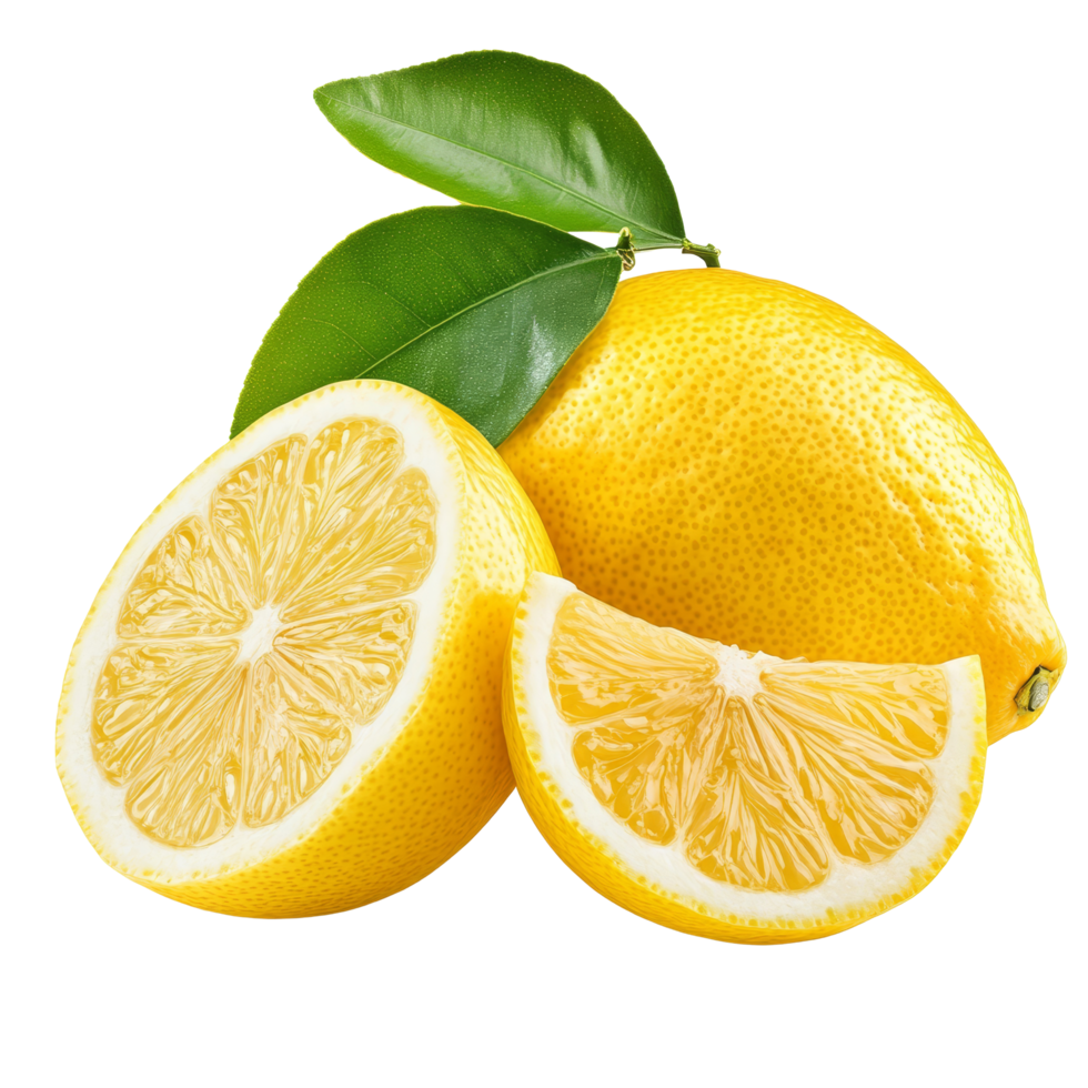 Fresh lemon with vibrant yellow skin and green leaves isolated on a clean transparent background for culinary uses, Fresh lemon isolated on transparent background png