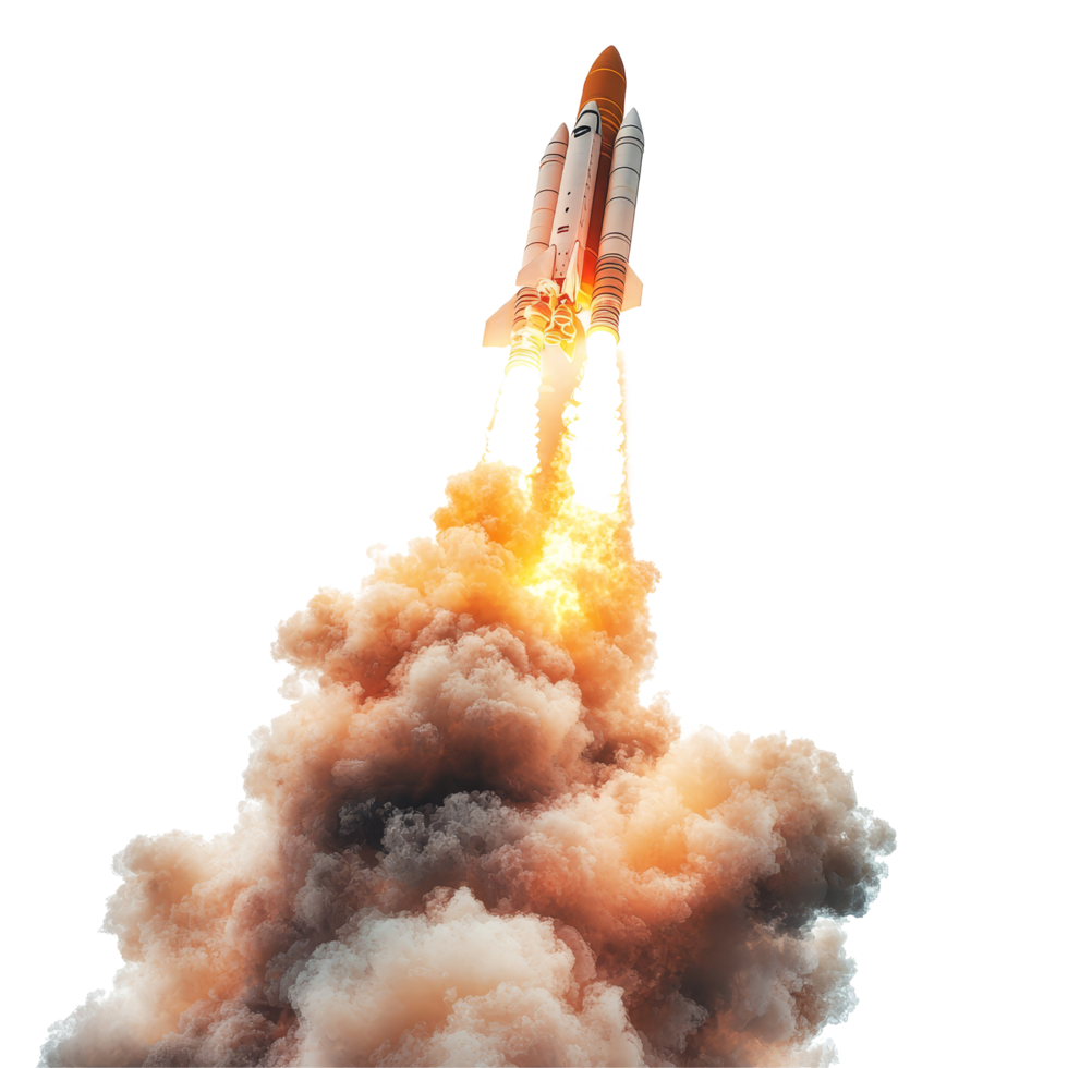 Rocket launch with fiery explosion and smoke ascending into the sky during an early morning launch, Rocket Launch with Fiery Explosion and Smoke, Isolated on transparent background png