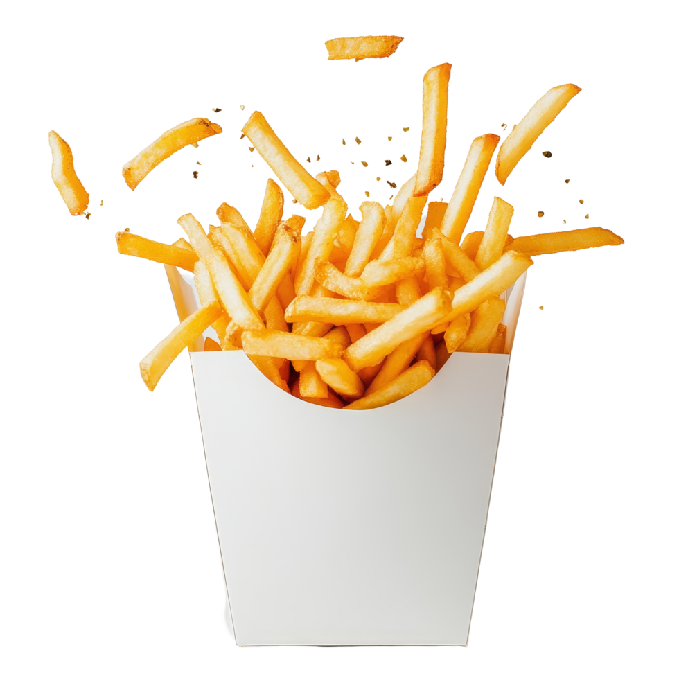 French fries overflowing from a transparent paper box against a minimalist background, French fries bursting out from transparent paper box png