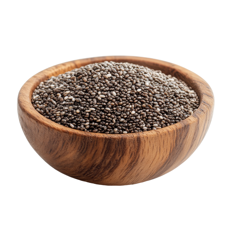 Chia seeds in a wooden bowl on a transparent background showcasing their texture and color, Chia seeds in wooden bowl isolated on transparent background png